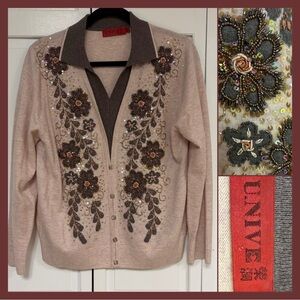 Wool-Blend Beaded Embroidered Collared V-Neck Pullover Cashmere Cotton Blend